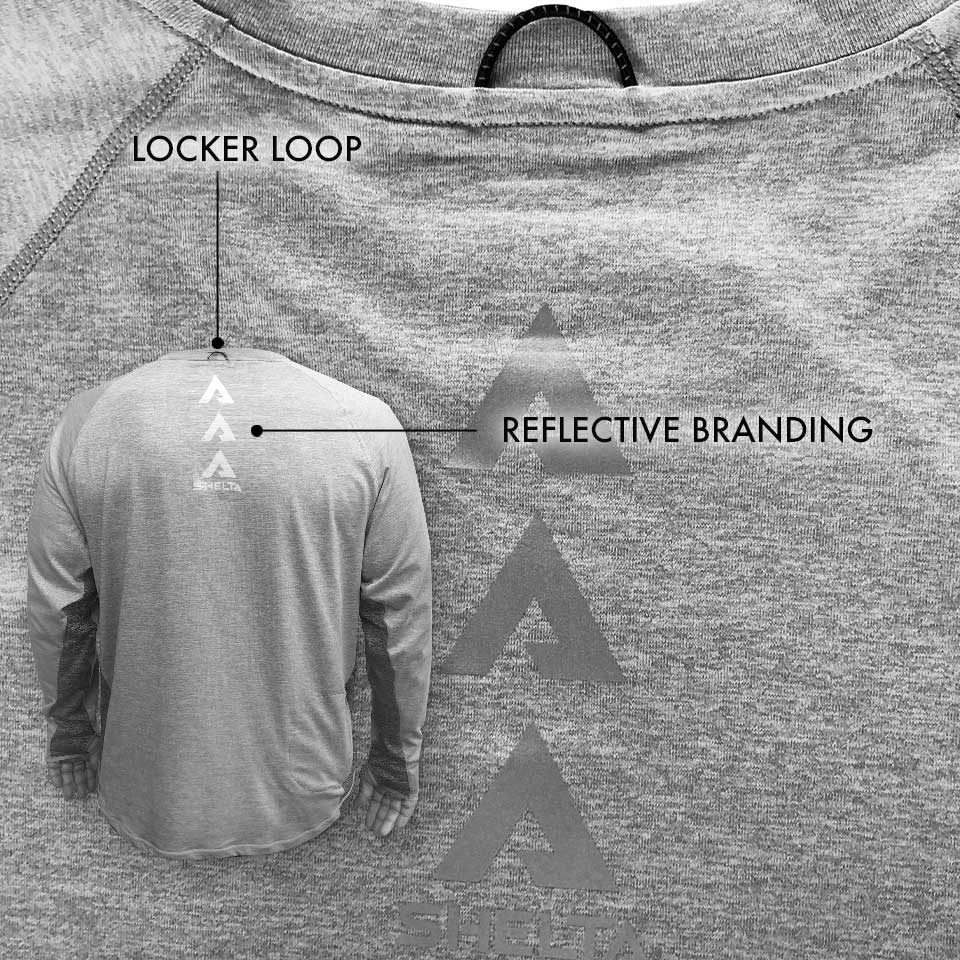 Gray long-sleeve shirt with reflective branding and locker loop feature.