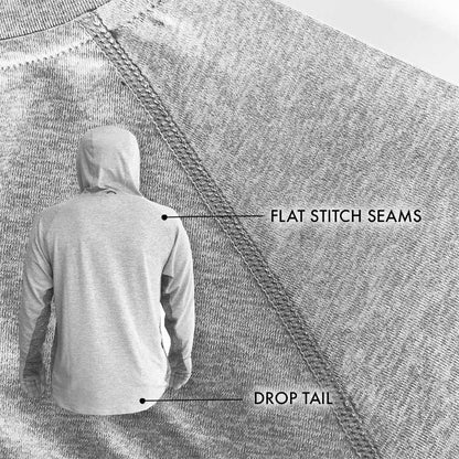 Person wearing a gray hoodie with text highlighting 'Flat Stitch Seams' and 'Drop Tail' on a textured background.