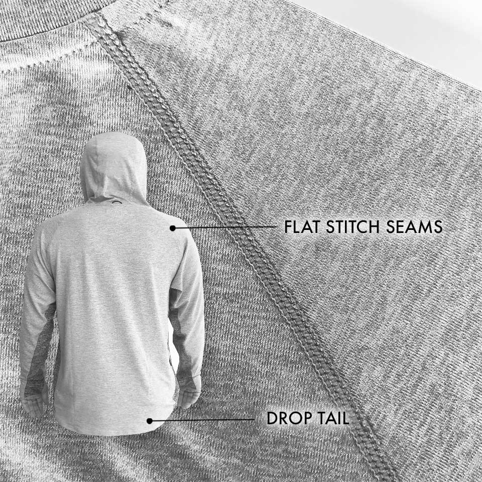 Person wearing a gray hoodie with text highlighting 'Flat Stitch Seams' and 'Drop Tail' on a textured background.