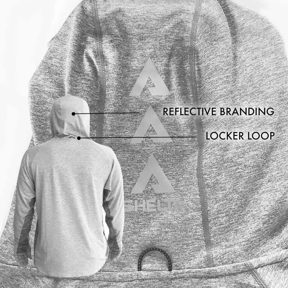 Person wearing a gray hoodie with reflective branding and a locker loop on the back.