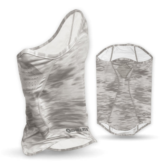 Shelta Face Gaitor in Silver Mist with branding on a white background