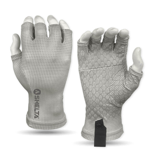 Pair of gray fingelrless sun gloves with a shelta brand logo on a white background