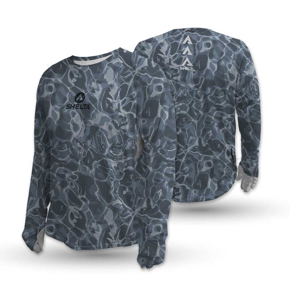 Long-sleeve shirt with camouflage pattern and visible brand logo on a white background