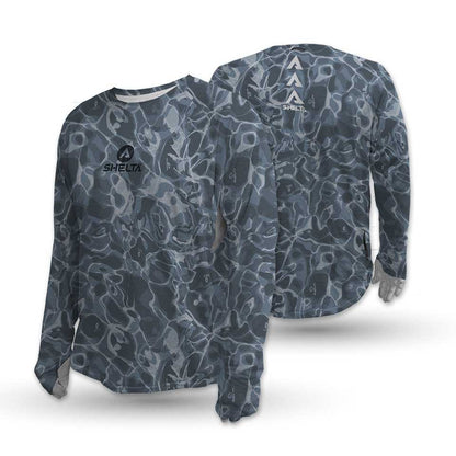 Long-sleeve shirt with camouflage pattern and visible brand logo on a white background