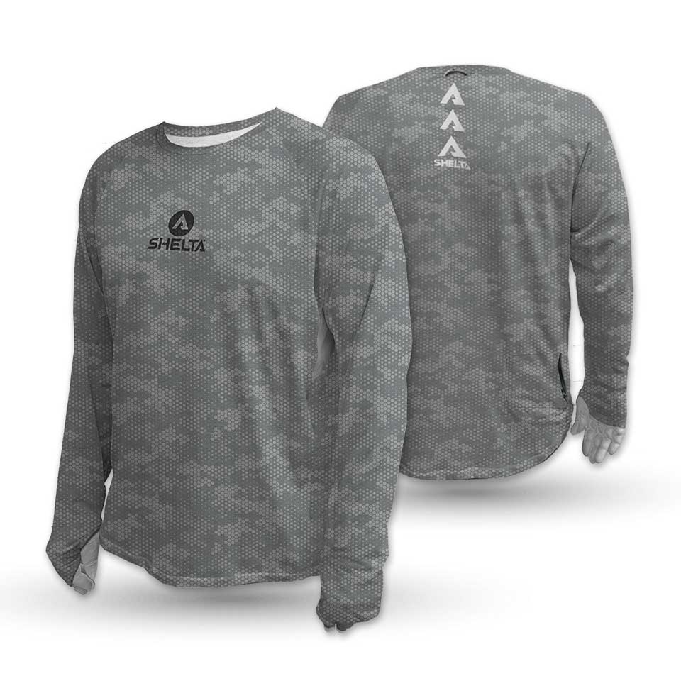 Gray long-sleeve shirt with camouflage pattern and Selta logo on a white background