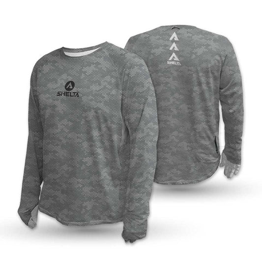 Gray long-sleeve shirt with camouflage pattern and Selta logo on a white background