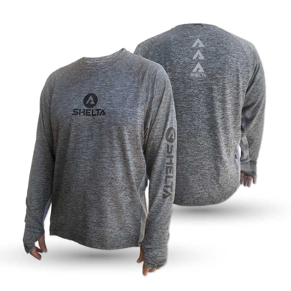 Gray long-sleeve shirt with Shelta logo on a white background