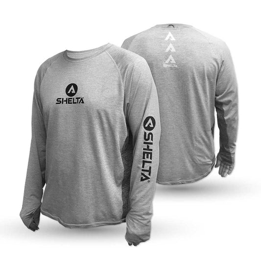 Gray long-sleeve shirt with Shelta logo on a white background