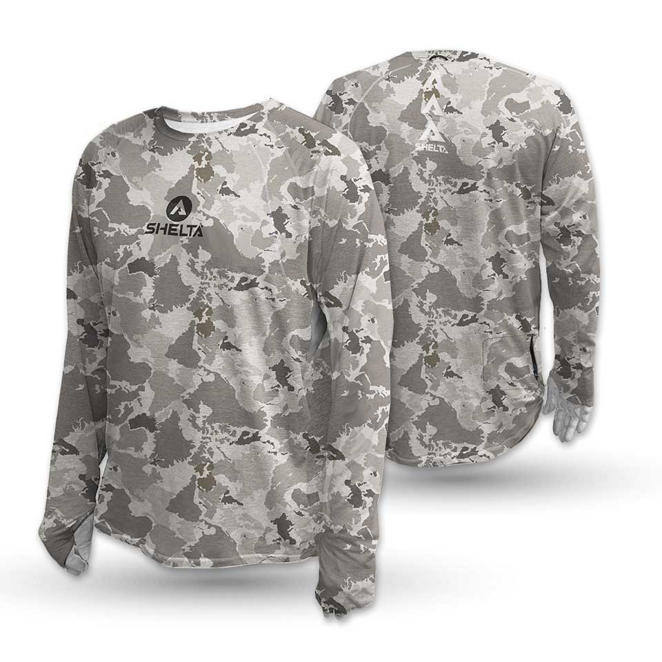 Camouflage long-sleeve shirt with Shelta logo on a white background