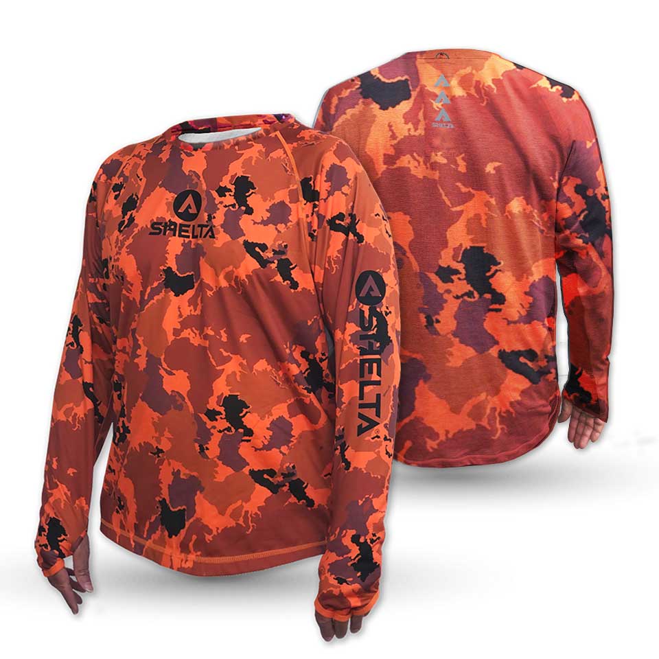 Orange camouflage long-sleeve shirt with black patterns on a white background