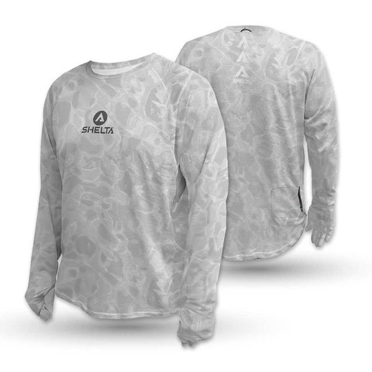 Gray long-sleeve shirt with a pattern and shelta logo on a white background