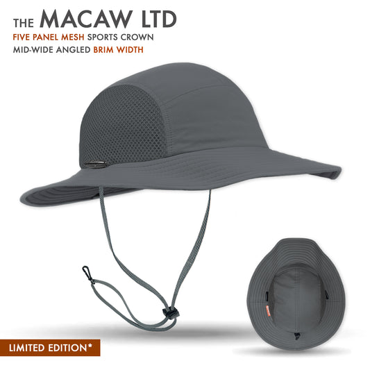 The Macaw LTD features a refined five-panel crown, a mid-wide angled brim, and a suite of performance-driven features. Mesh side panels deliver substantial airflow for those willing to trade a touch of sun coverage for dramatically improved ventilation. Inside, a moisture-wicking mesh liner and hydrophilic headband draw perspiration from the skin to speed evaporation.