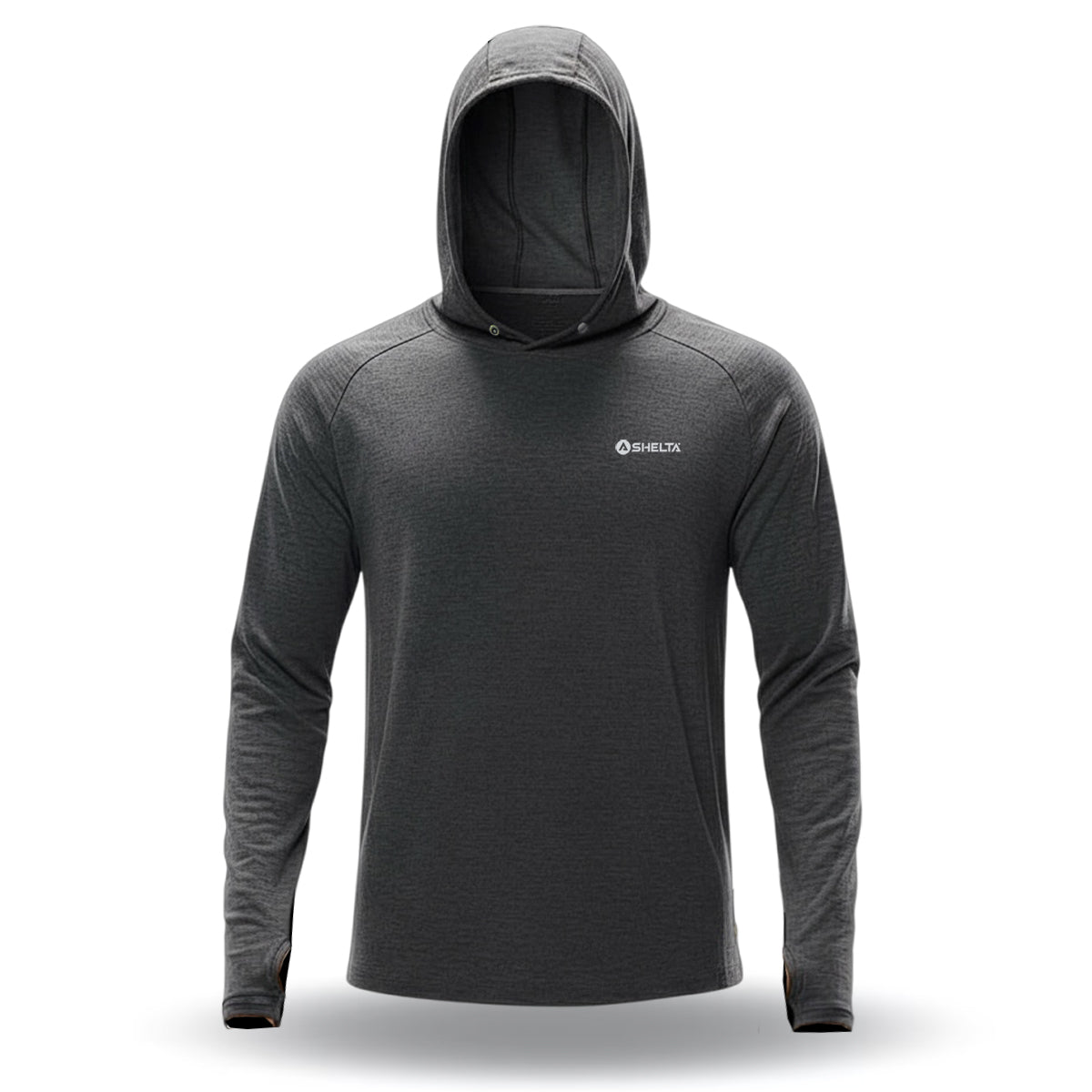 Gray hoodie with a brand logo on a white background