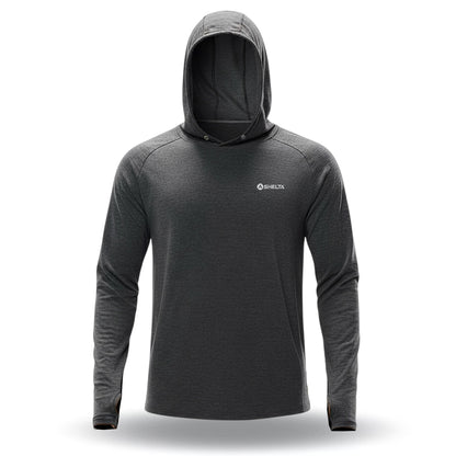 Gray hoodie with a brand logo on a white background