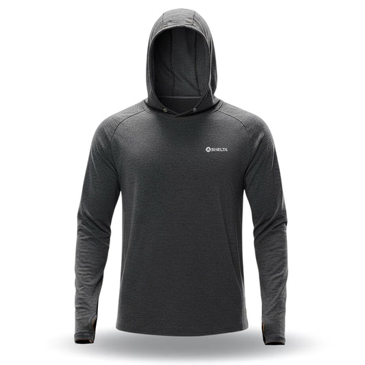 Gray hoodie with a brand logo on a white background