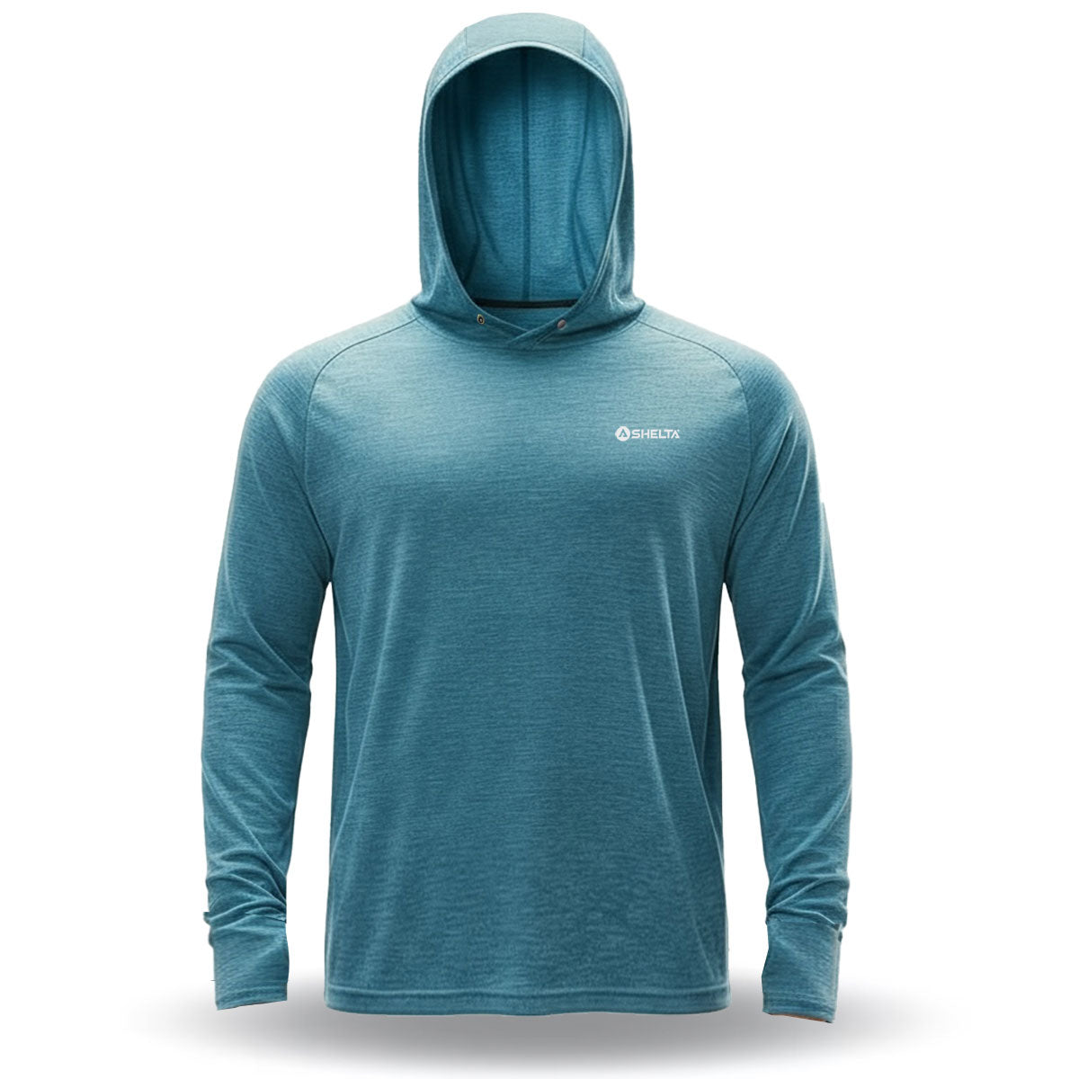 Blue hooded long-sleeve shirt on a white background