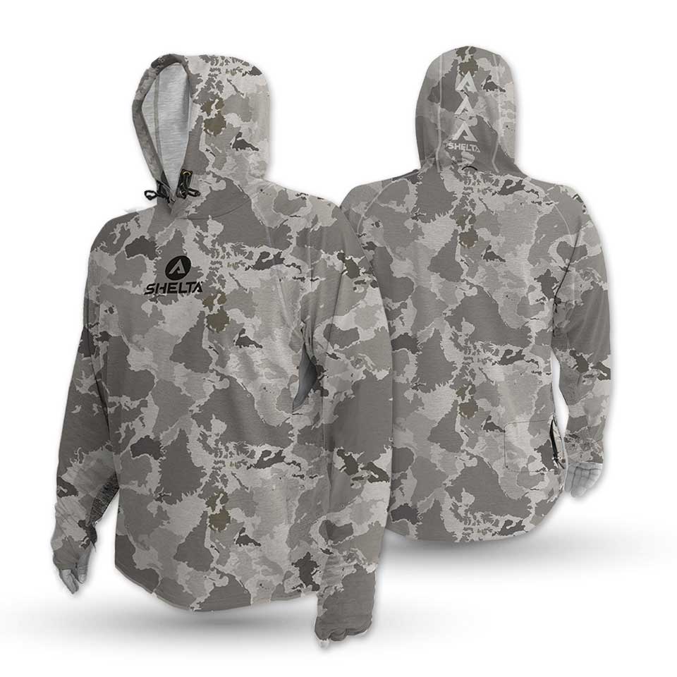 Camouflage hoodie with a Shelta logo on a white background