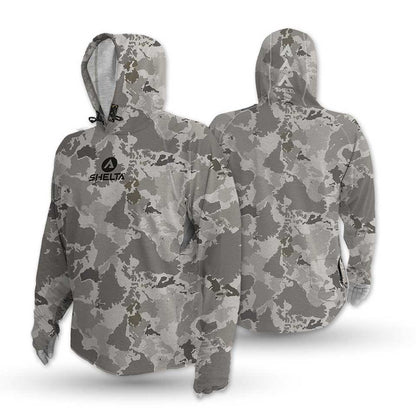 Camouflage hoodie with a Shelta logo on a white background