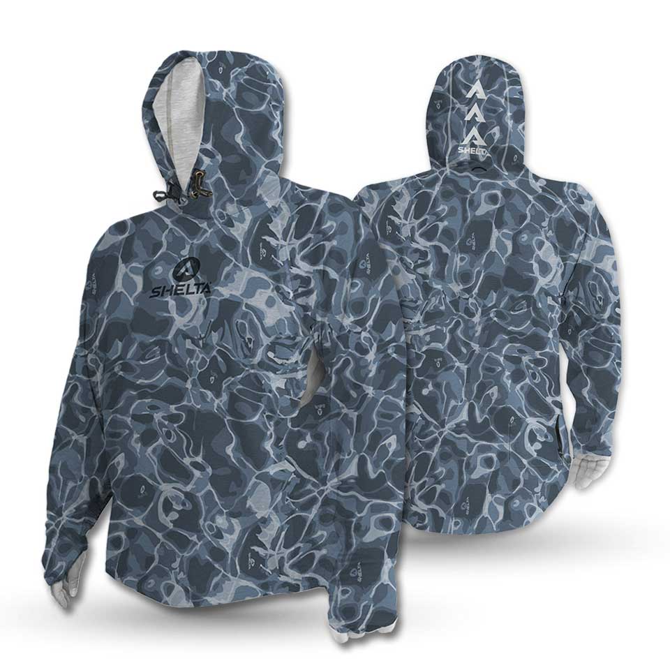 Blue camouflage hooded jacket with a brand logo on a white background