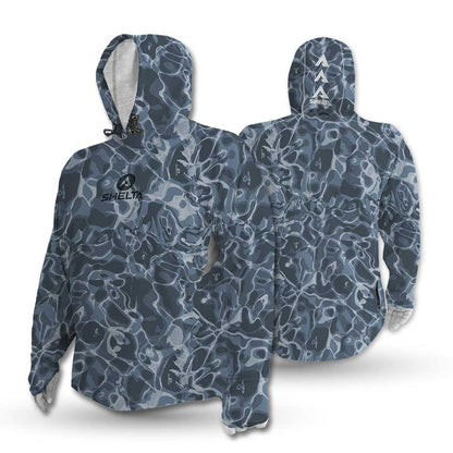 Blue camouflage hooded jacket with a brand logo on a white background