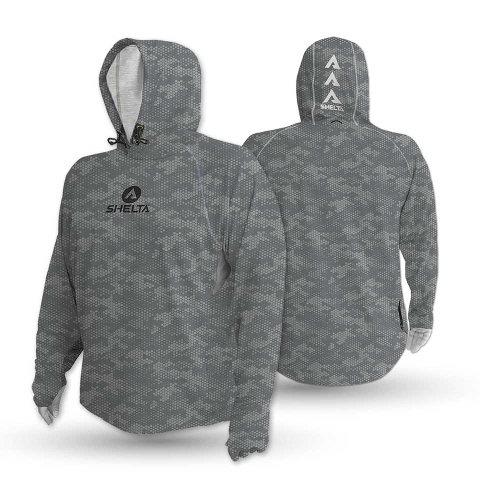 Digi Gray hooded jacket with a geometric pattern on a white background