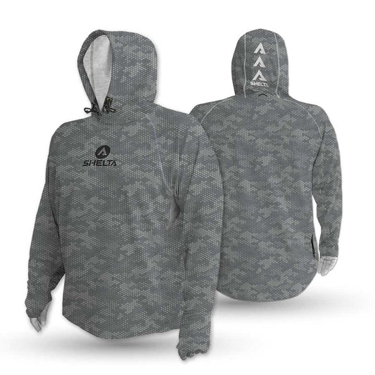 Digi Gray hooded jacket with a geometric pattern on a white background