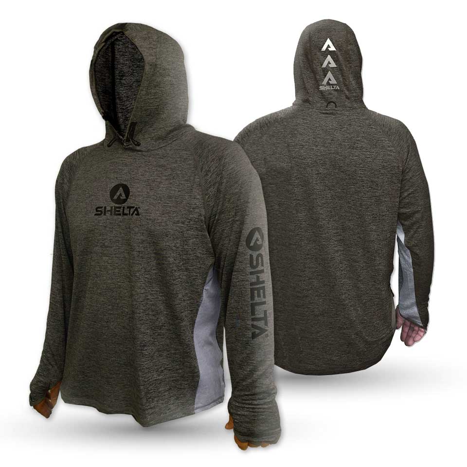 Gray hoodie with SHELTA branding on front and back, shown from front and back views.