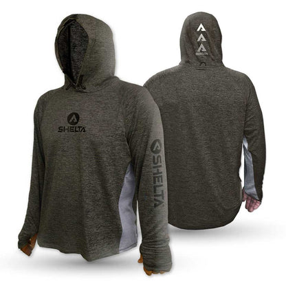 Gray hoodie with SHELTA branding on front and back, shown from front and back views.