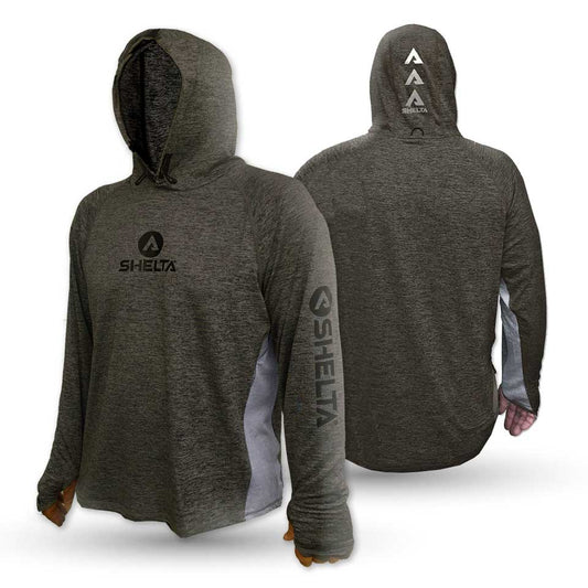 Gray hoodie with SHELTA branding on front and back, shown from front and back views.