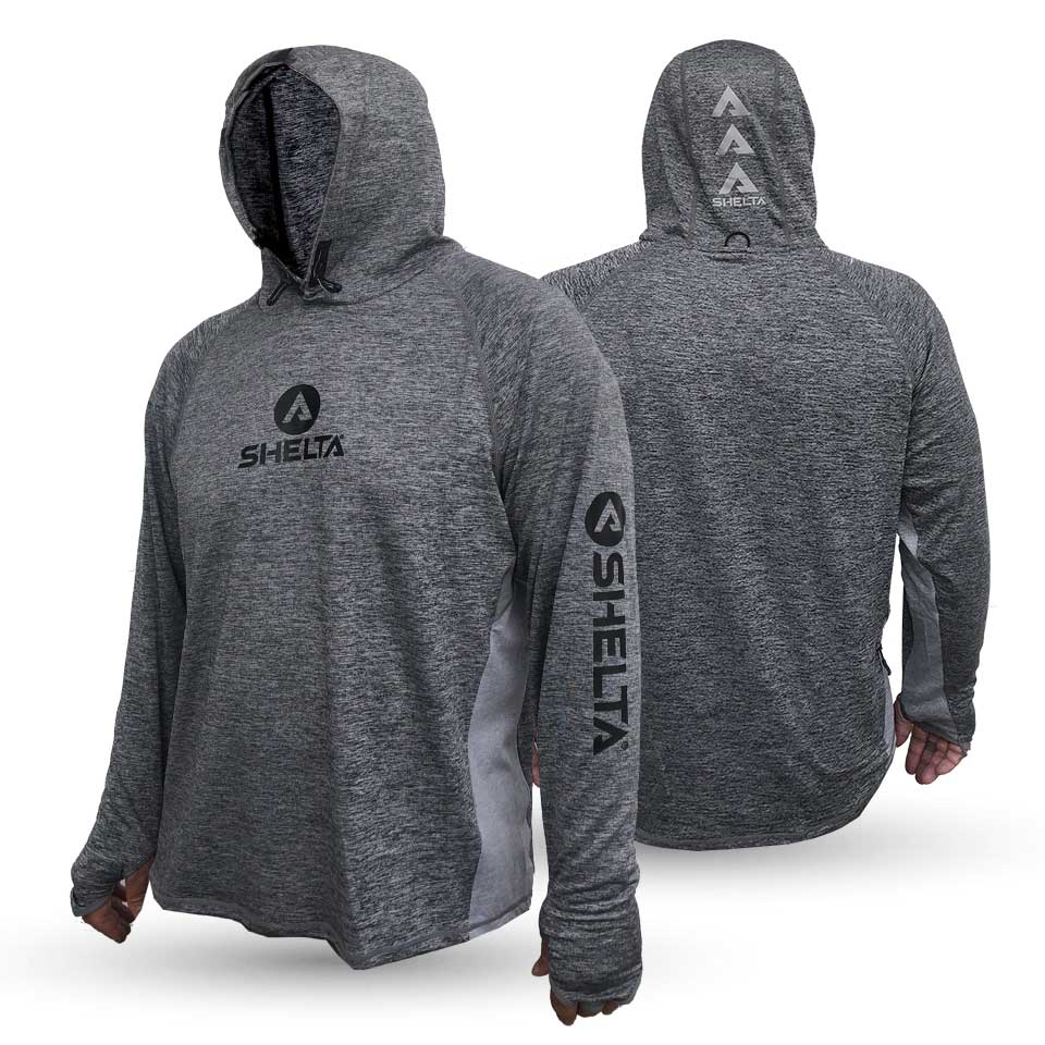 Grey hooded sun shirt with shelta logo