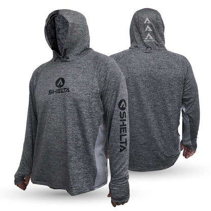 Grey hooded sun shirt with shelta logo
