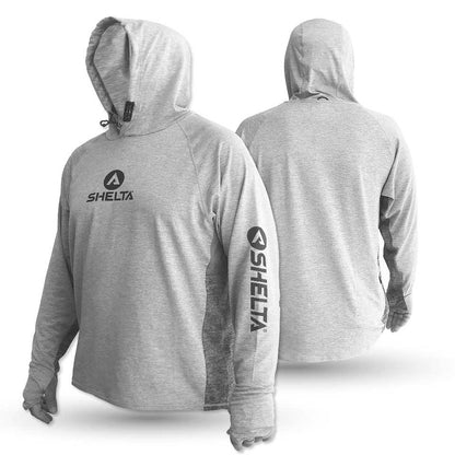 Gray hoodie with Shelta logo on front and back, shown from front and back views.