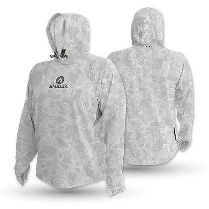 White Camo Sun Shirt with pattern and Shelta logo on a white background