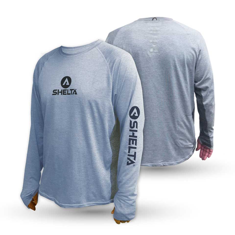 Blue heather long-sleeve shirt with Shelta logo on a white background
