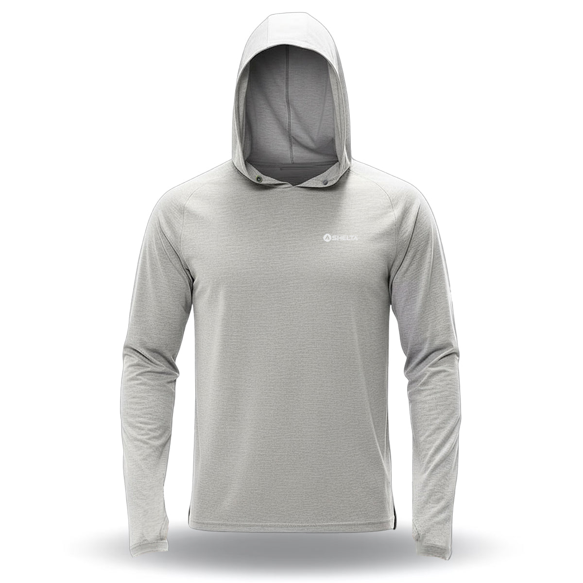 Gray hooded long-sleeve shirt on a white background