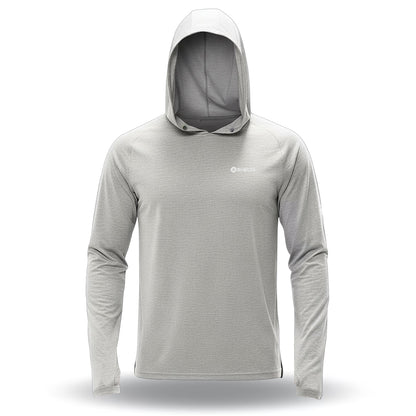 Gray hooded long-sleeve shirt on a white background