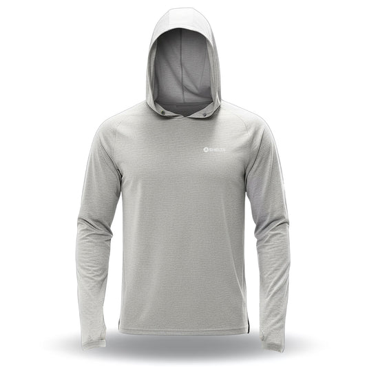 Gray hooded long-sleeve shirt on a white background