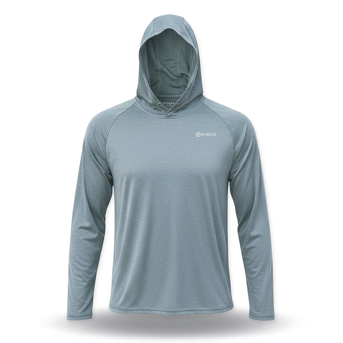 Light blue hooded long-sleeve shirt on a white background