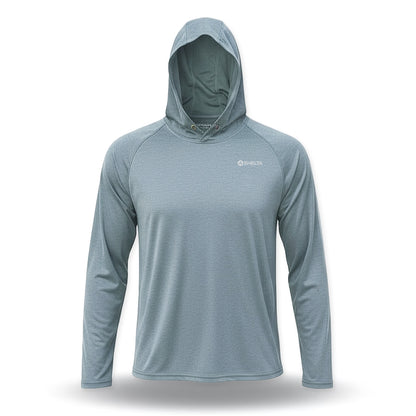 Light blue hooded long-sleeve shirt on a white background