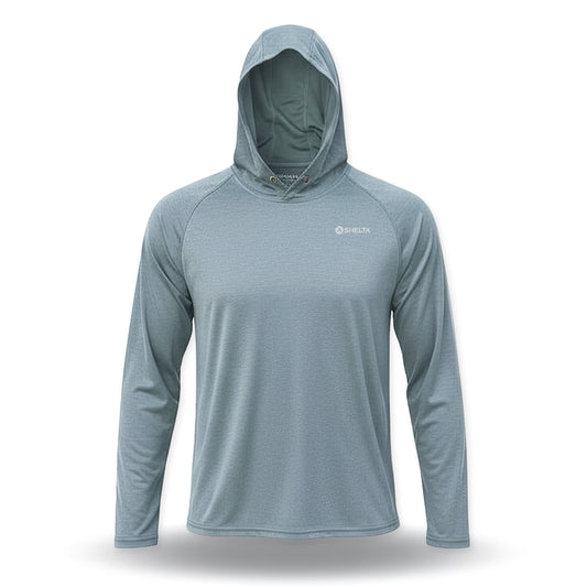 Light blue hooded long-sleeve shirt on a white background