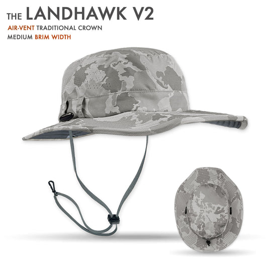 Camouflage-patterned hat with chin strap on a white background, featuring 'The Landhawk V2' branding.