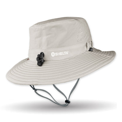 Beige wide-brimmed hat with Oshelta logo on a white background