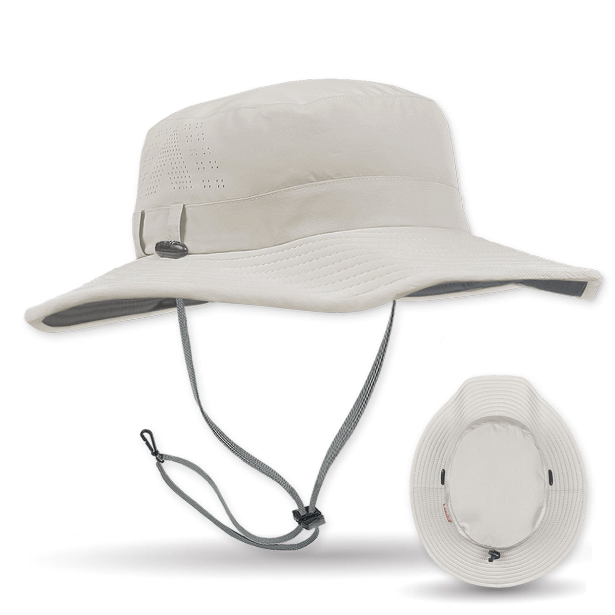 Beige wide-brimmed hat with chin strap on a white background