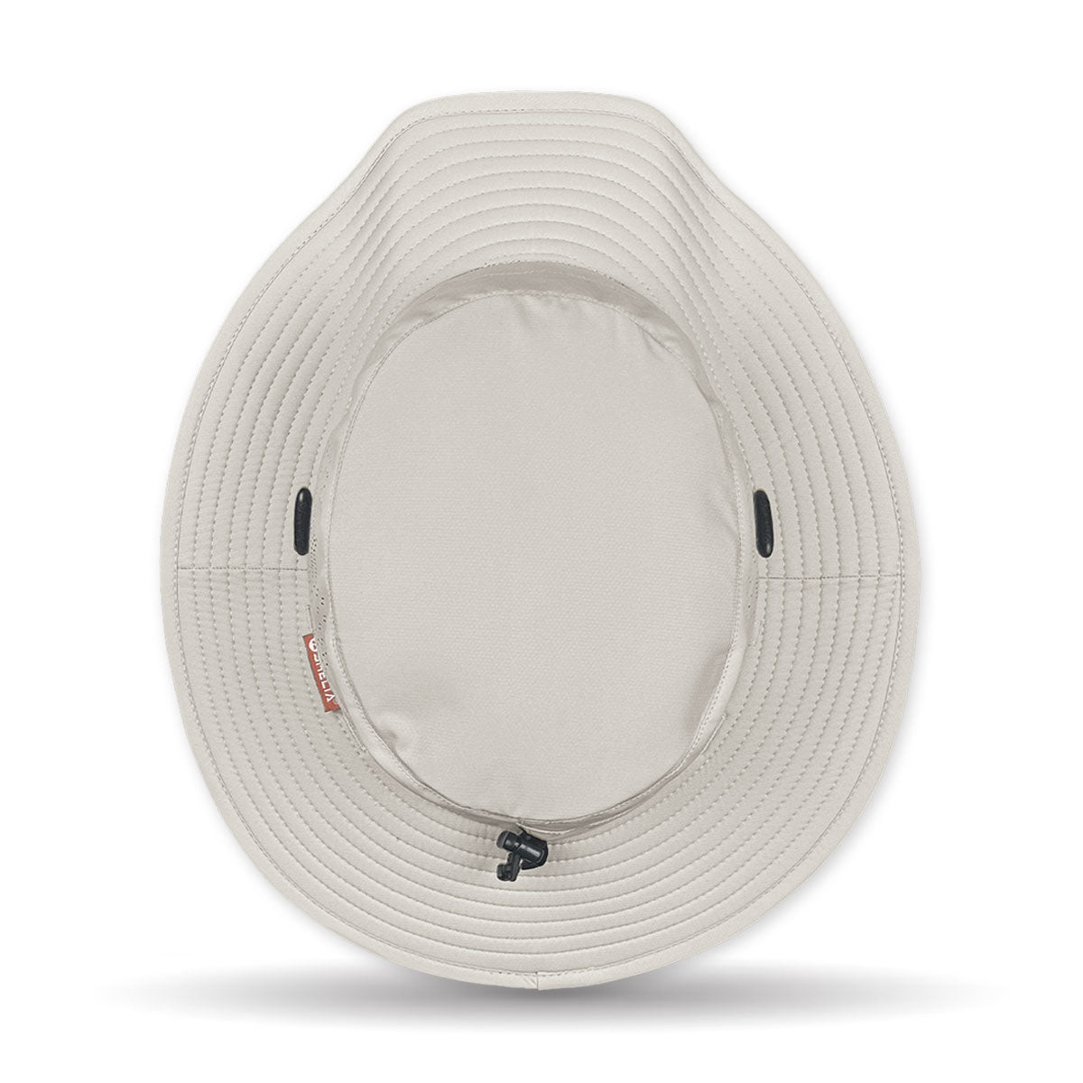 White wide-brimmed hat with a brand label on a white background