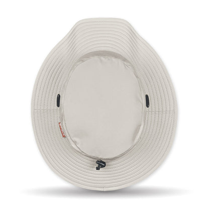 White wide-brimmed hat with a brand label on a white background