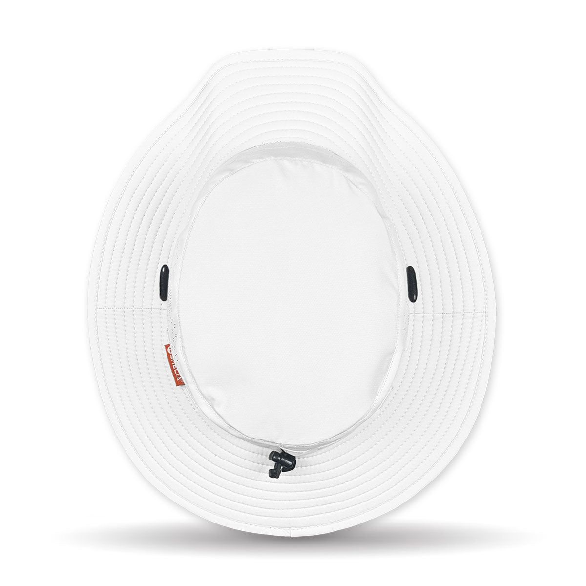 White bucket hat with a red label on a white background