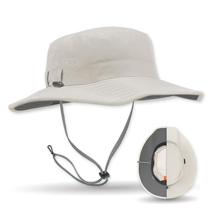 Beige sun hat with chin strap and packaging on a white background