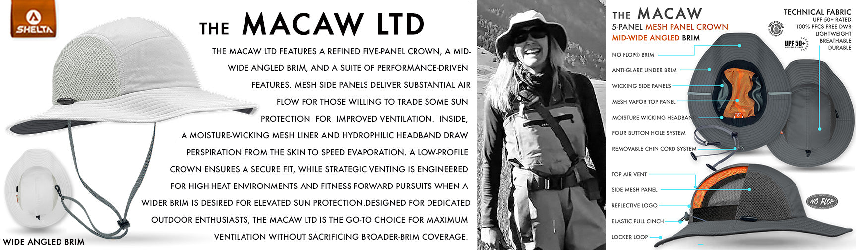 Brochure page featuring the Macaw LTD cap with technical details and a person wearing it.