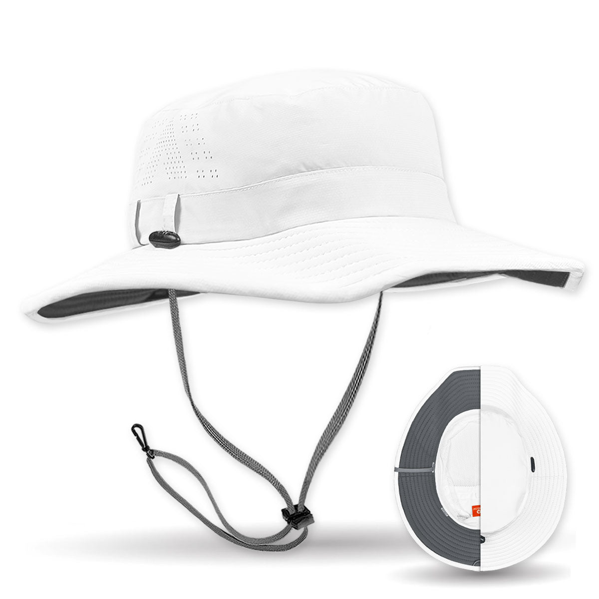 White sun hat with black brim and chin strap on a white background