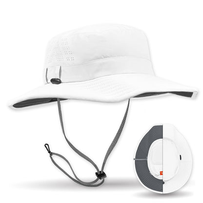 White sun hat with black brim and chin strap on a white background